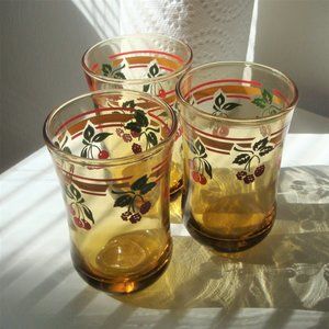 3 Anchor Hocking Cherry Raspberry Motif Amber Vintage Juice Glasses